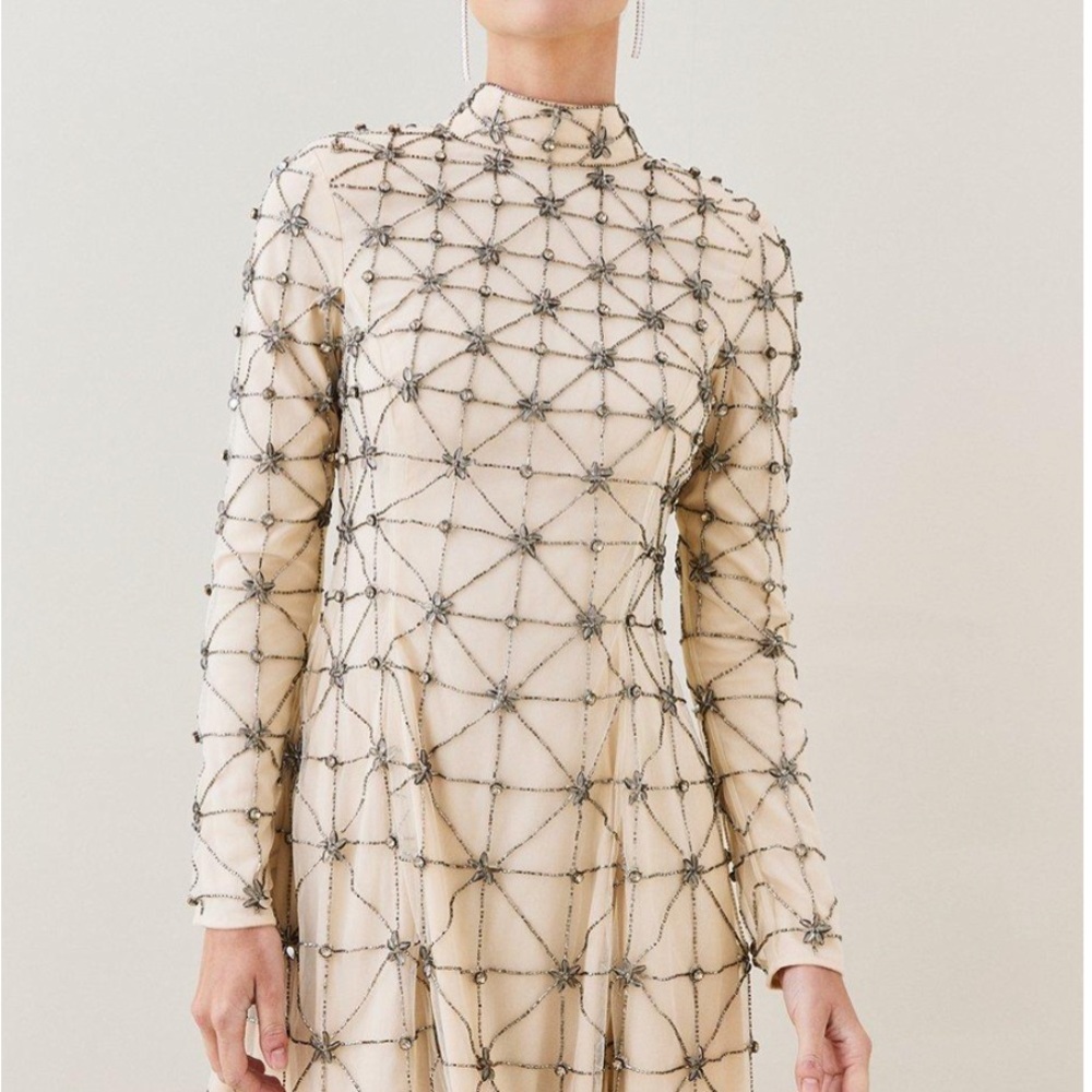 Karen Millen- Petite Lydia Millen Embellished Tie Detail Woven Mini Dress
